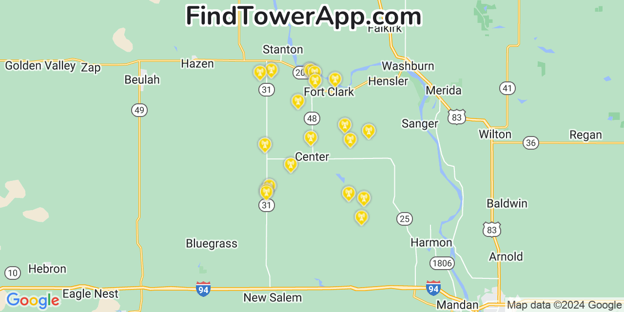 AT&T 4G/5G cell tower coverage map Center, North Dakota
