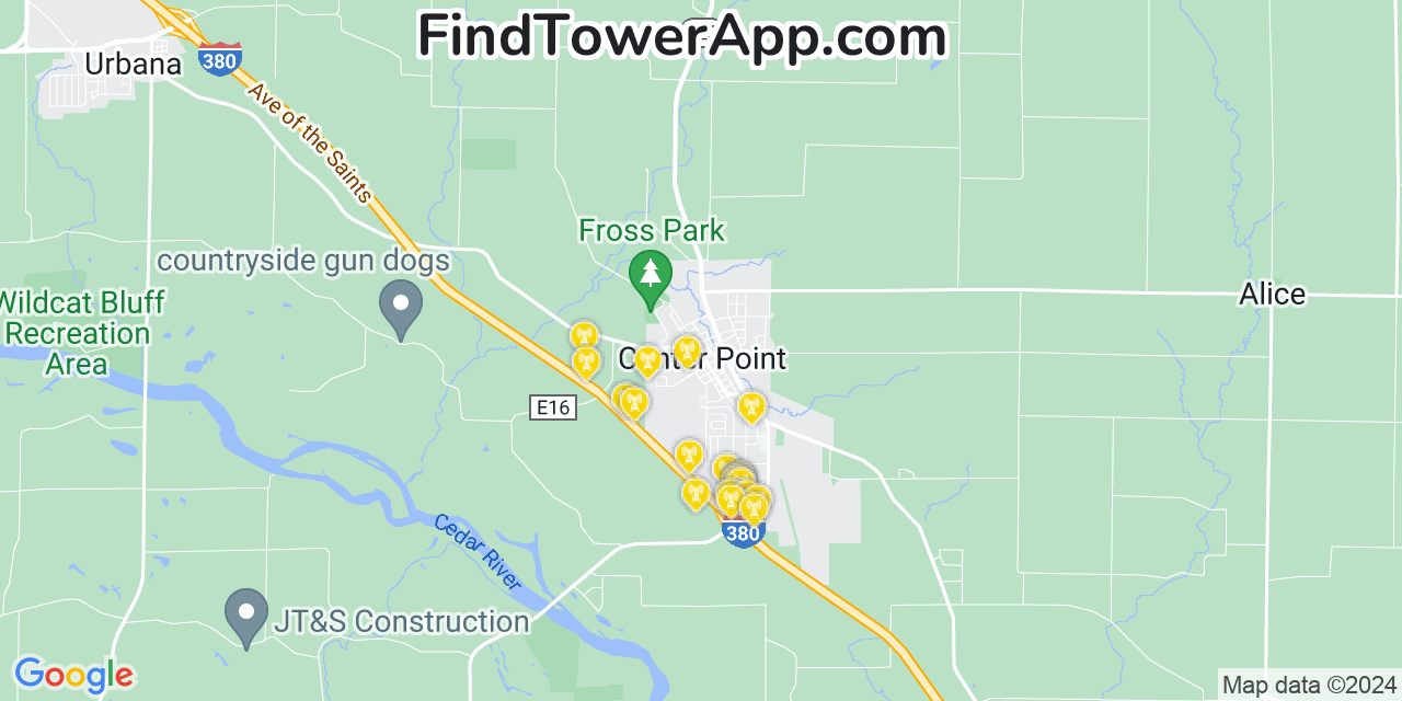 AT&T 4G/5G cell tower coverage map Center Point, Iowa