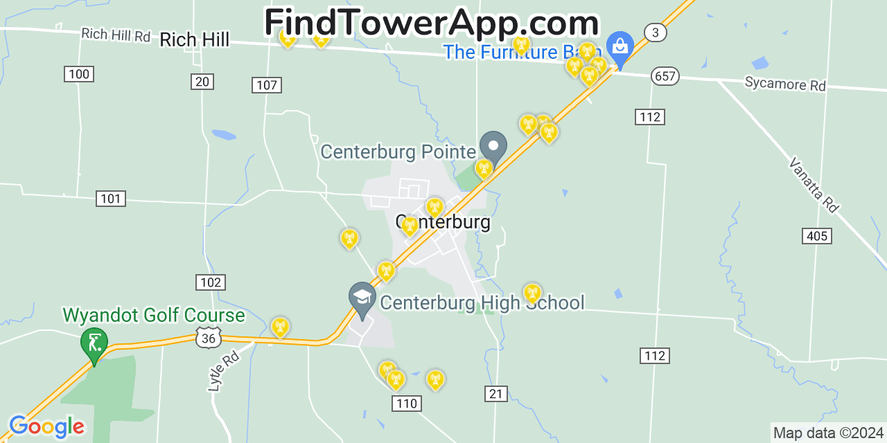 AT&T 4G/5G cell tower coverage map Centerburg, Ohio