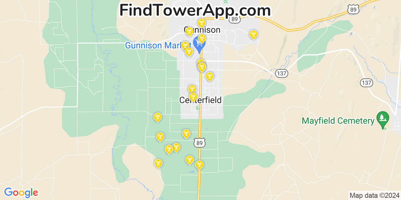 AT&T 4G/5G cell tower coverage map Centerfield, Utah