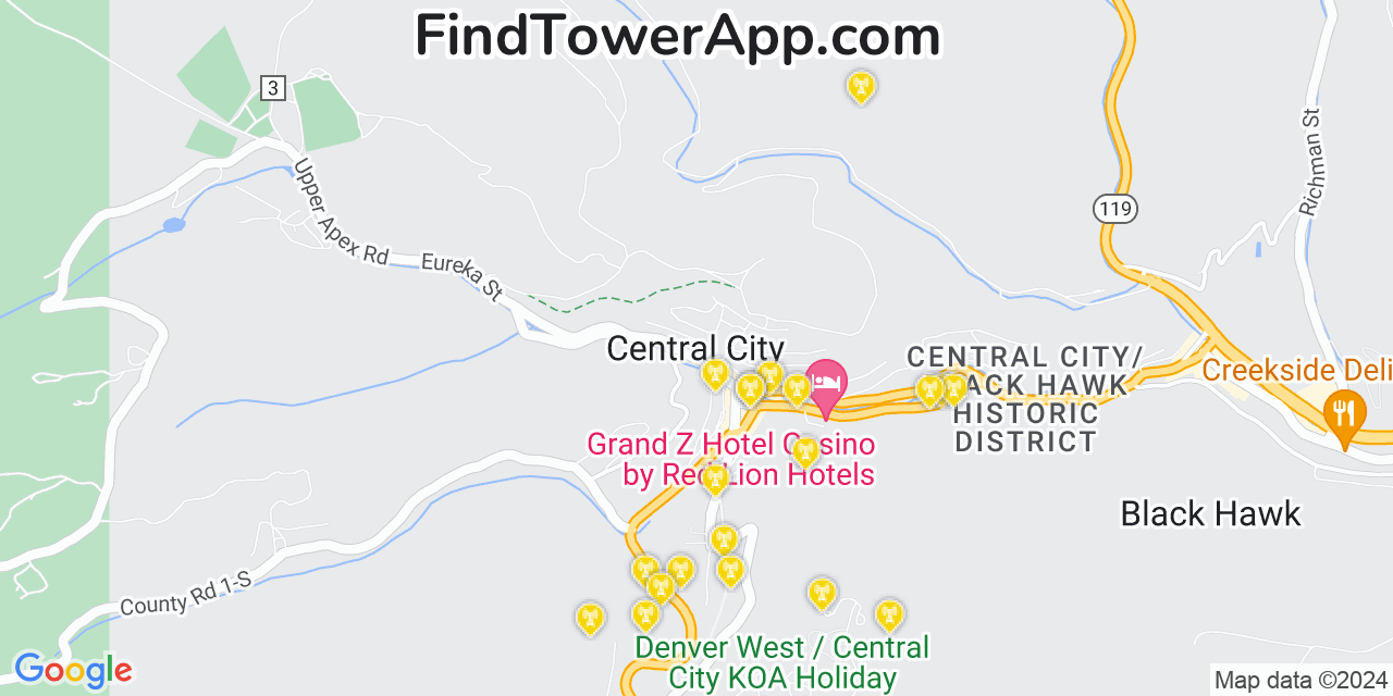 AT&T 4G/5G cell tower coverage map Central City, Colorado