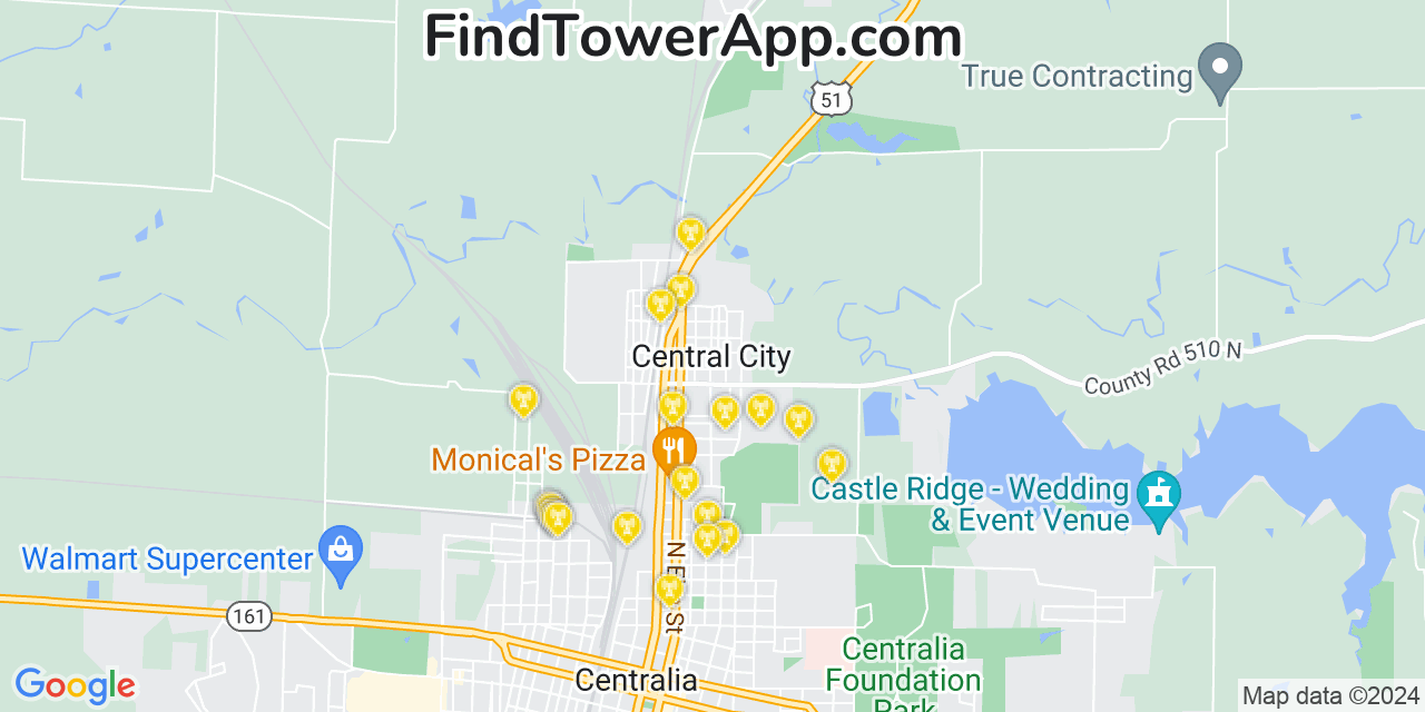 AT&T 4G/5G cell tower coverage map Central City, Illinois