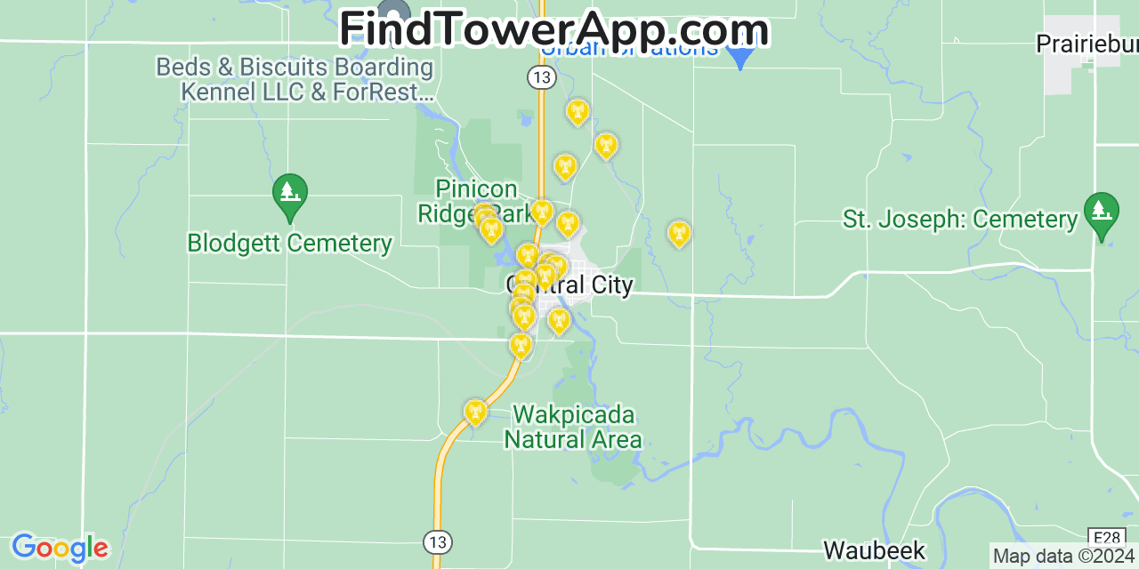 AT&T 4G/5G cell tower coverage map Central City, Iowa
