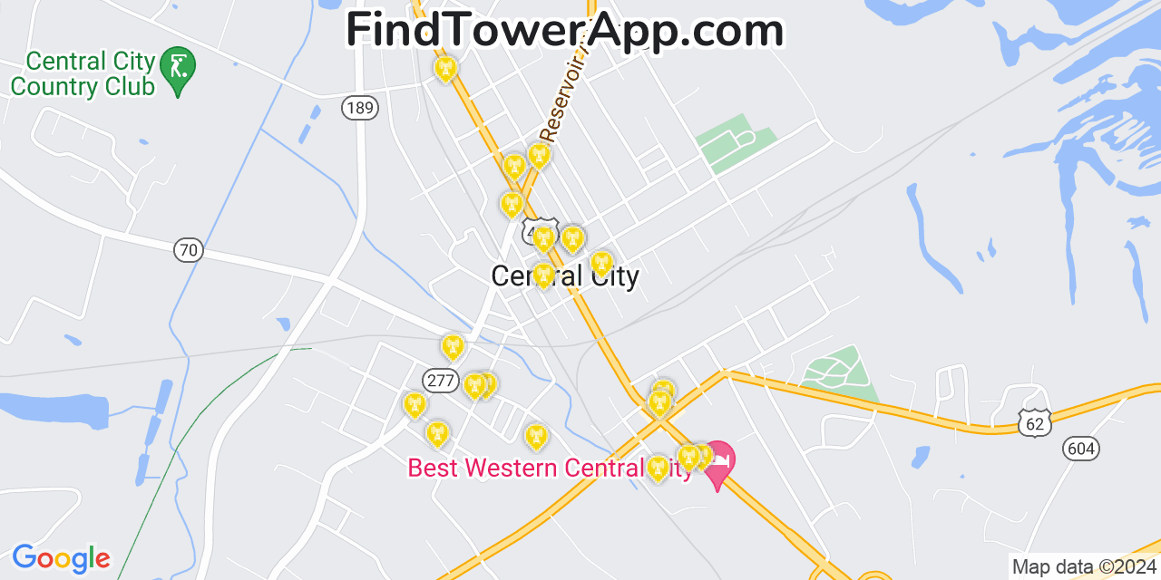 AT&T 4G/5G cell tower coverage map Central City, Kentucky
