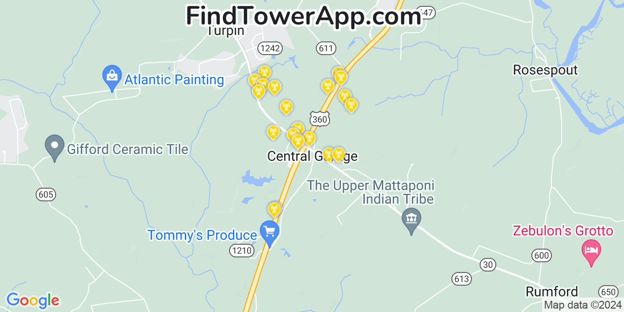 AT&T 4G/5G cell tower coverage map Central Garage, Virginia