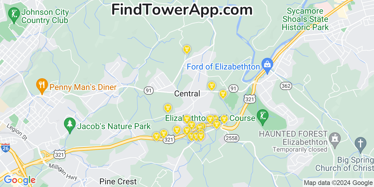 AT&T 4G/5G cell tower coverage map Central, Tennessee