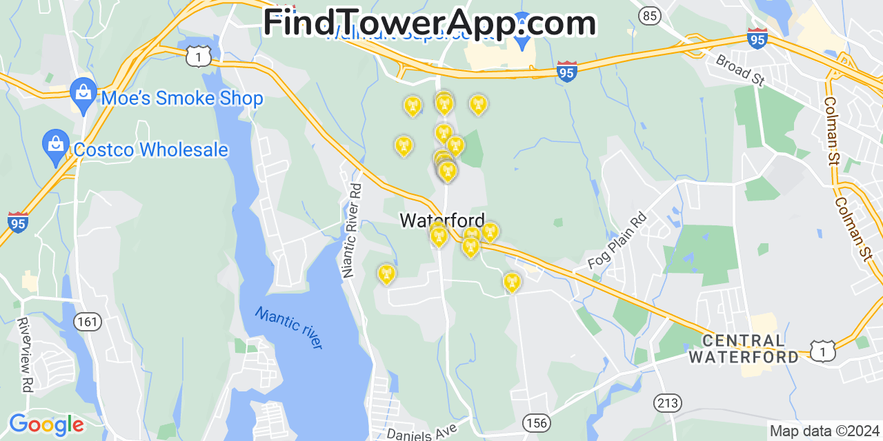 AT&T 4G/5G cell tower coverage map Central Waterford, Connecticut