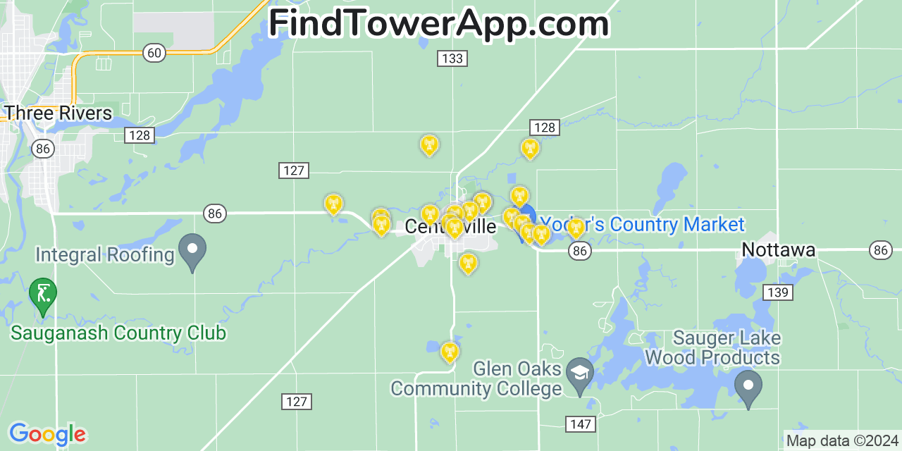 AT&T 4G/5G cell tower coverage map Centreville, Michigan