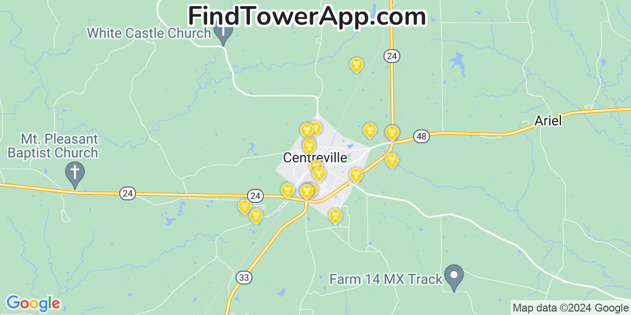 Verizon 4G/5G cell tower coverage map Centreville, Mississippi
