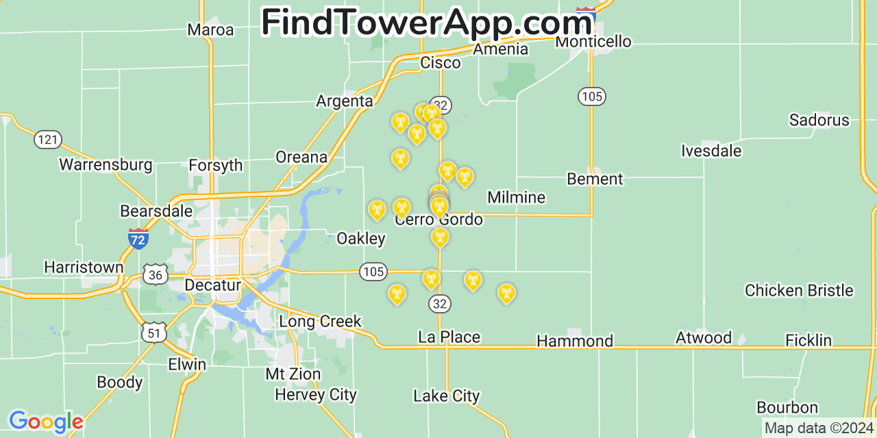 AT&T 4G/5G cell tower coverage map Cerro Gordo, Illinois