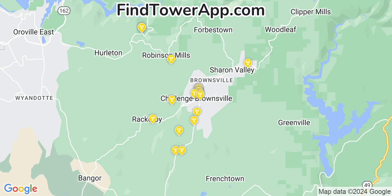 AT&T 4G/5G cell tower coverage map Challenge Brownsville, California