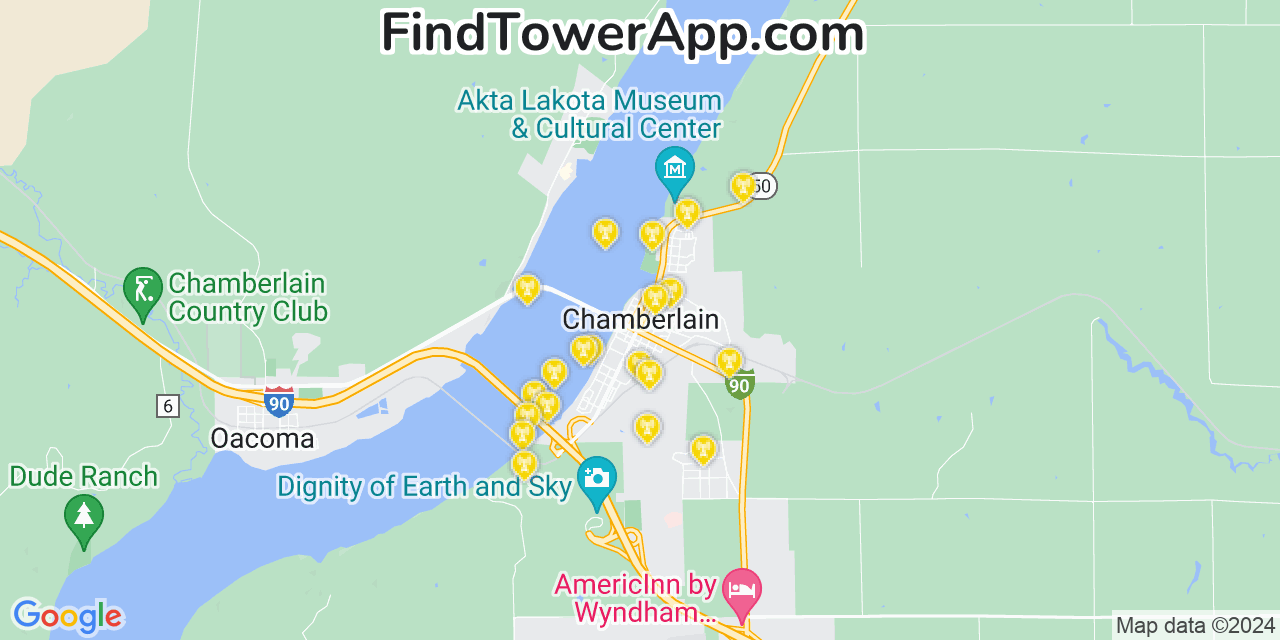 AT&T 4G/5G cell tower coverage map Chamberlain, South Dakota