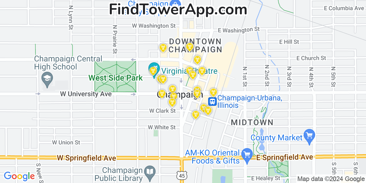 AT&T 4G/5G cell tower coverage map Champaign, Illinois