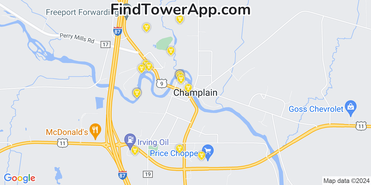 AT&T 4G/5G cell tower coverage map Champlain, New York
