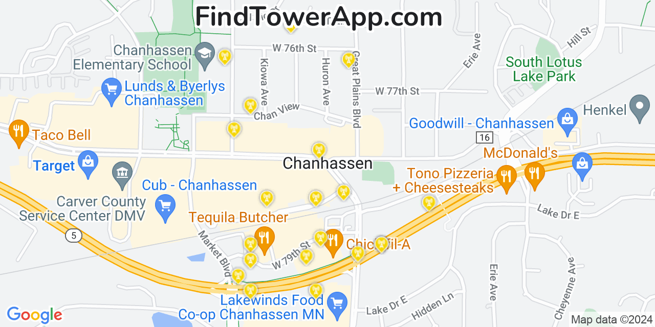 AT&T 4G/5G cell tower coverage map Chanhassen, Minnesota