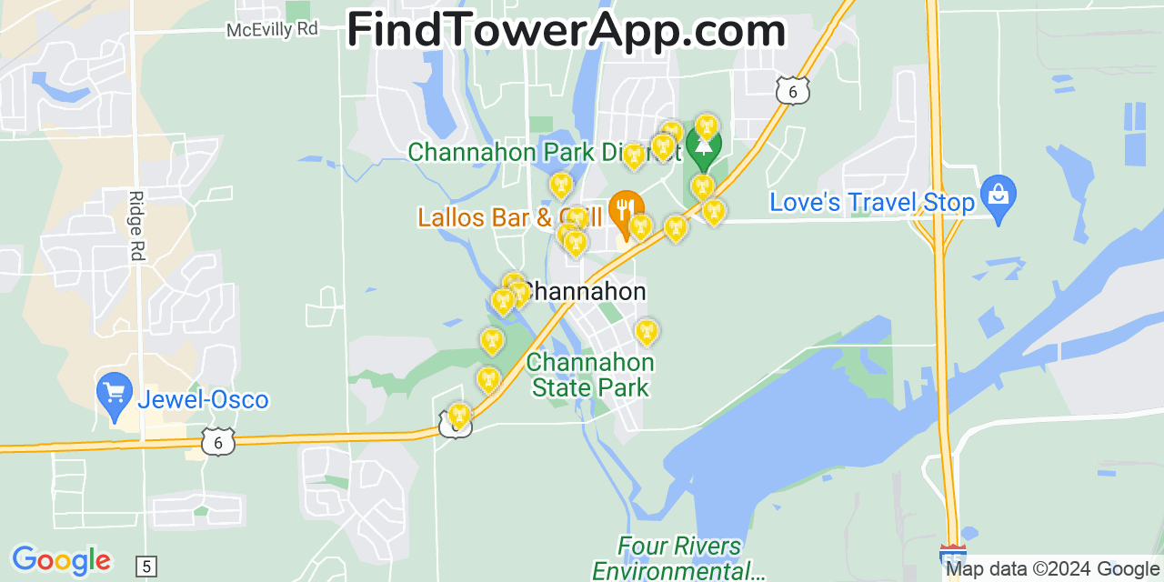 AT&T 4G/5G cell tower coverage map Channahon, Illinois