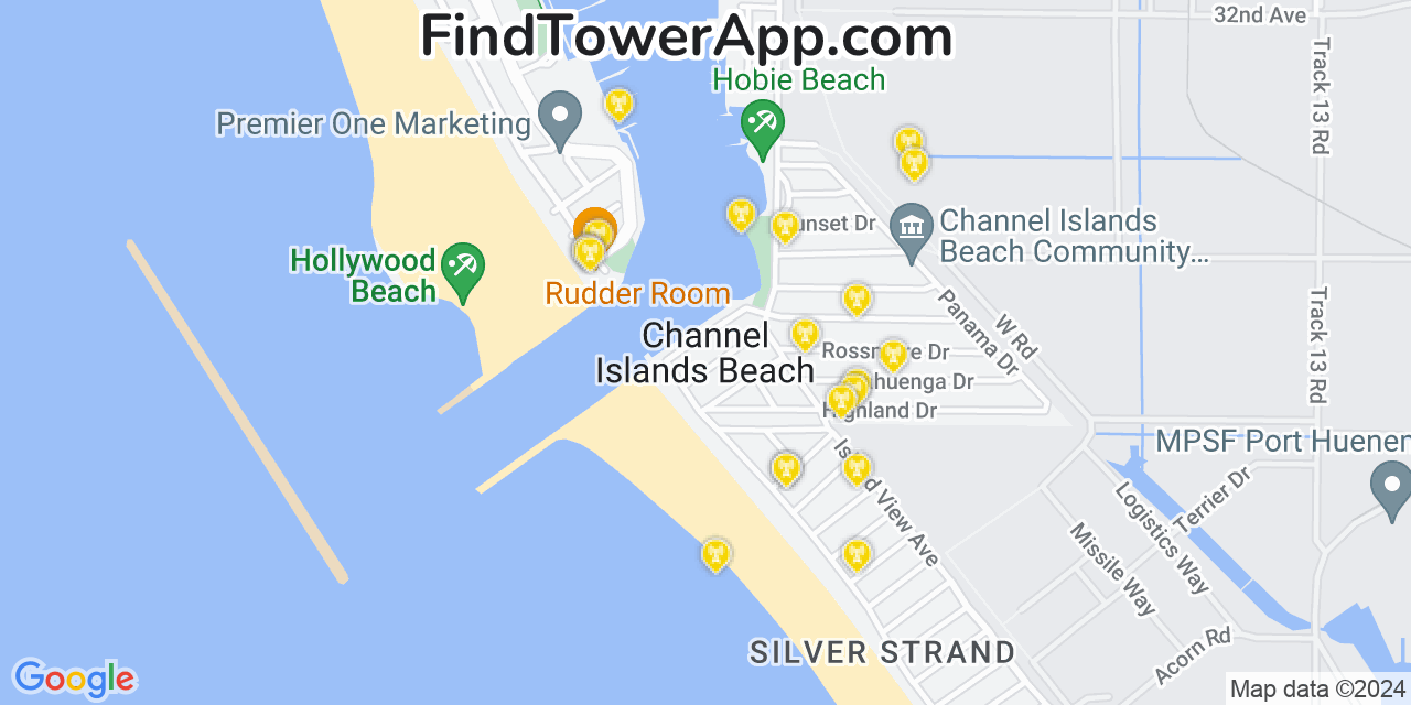 AT&T 4G/5G cell tower coverage map Channel Islands Beach, California