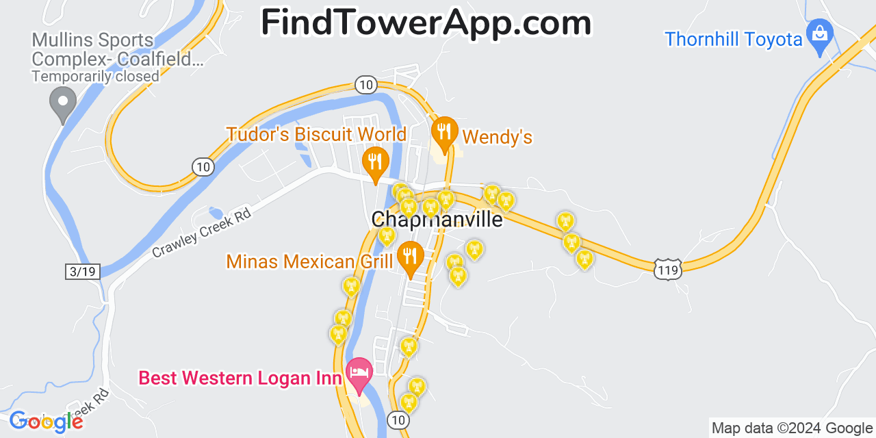 AT&T 4G/5G cell tower coverage map Chapmanville, West Virginia