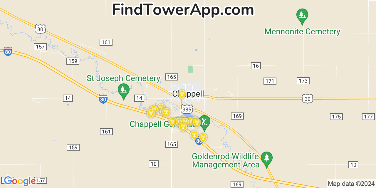 Verizon 4G/5G cell tower coverage map Chappell, Nebraska