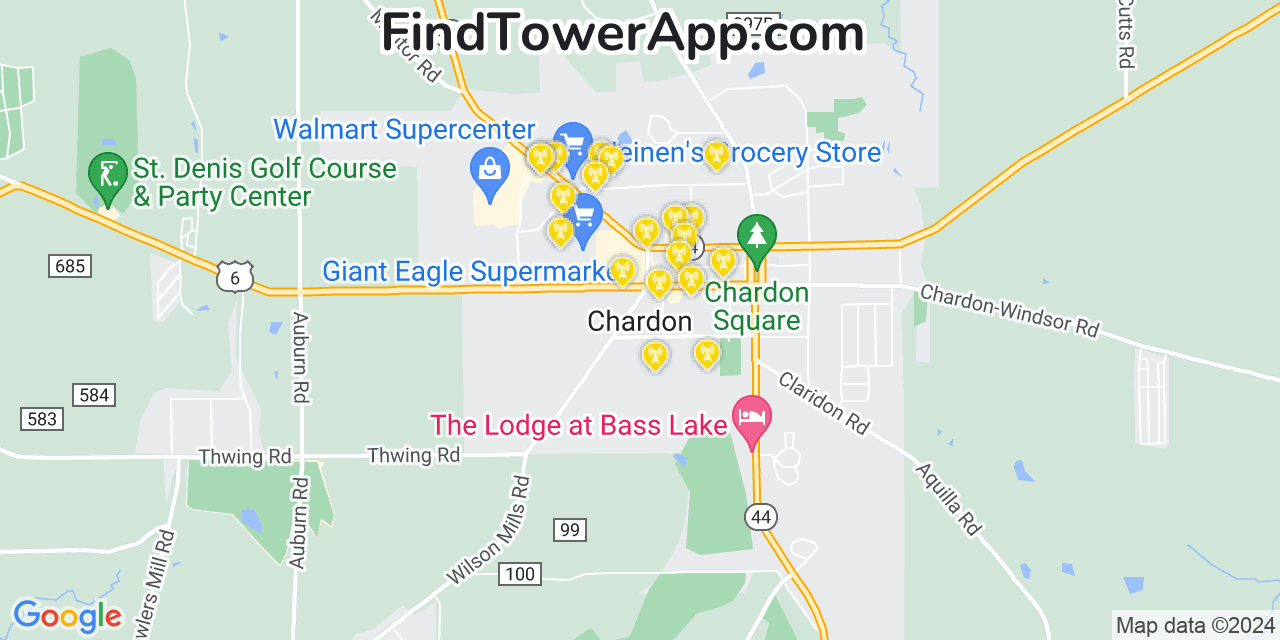 AT&T 4G/5G cell tower coverage map Chardon, Ohio