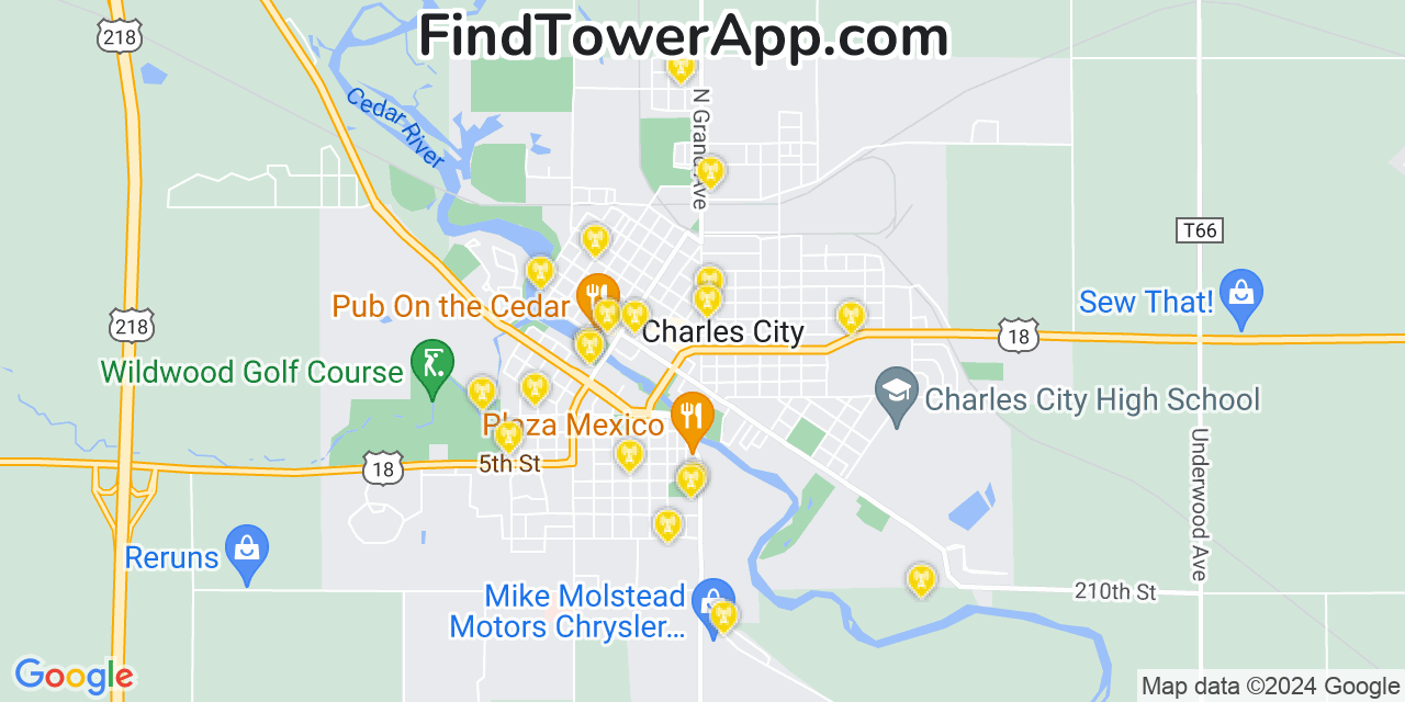 AT&T 4G/5G cell tower coverage map Charles City, Iowa