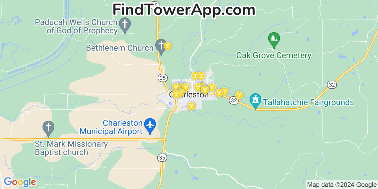 AT&T 4G/5G cell tower coverage map Charleston, Mississippi