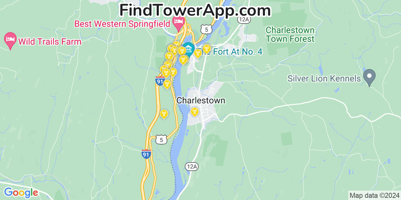 AT&T 4G/5G cell tower coverage map Charlestown, New Hampshire