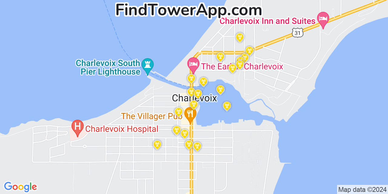 AT&T 4G/5G cell tower coverage map Charlevoix, Michigan