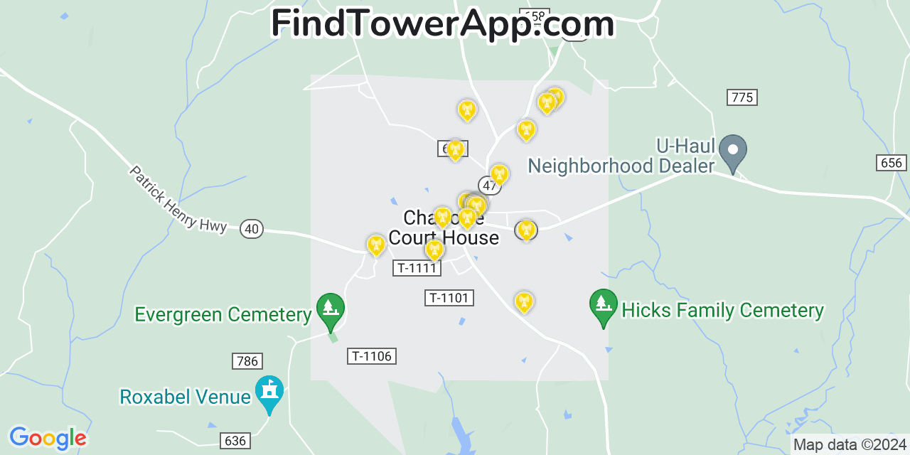 AT&T 4G/5G cell tower coverage map Charlotte Court House, Virginia