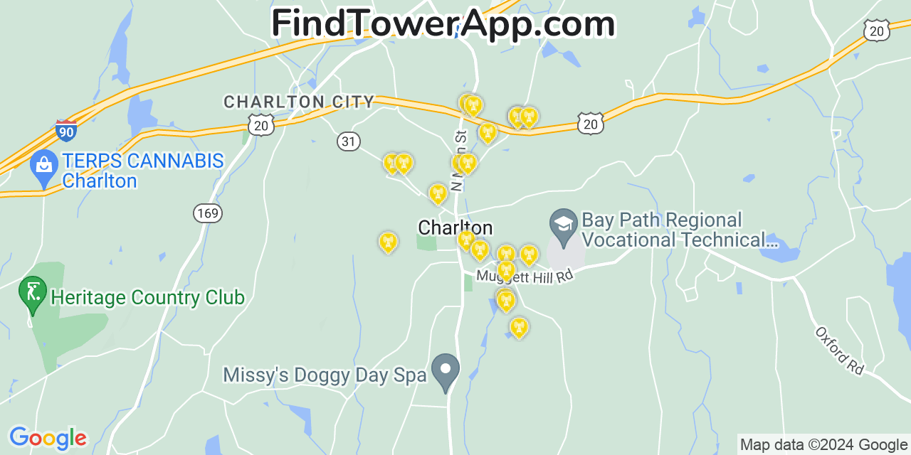 AT&T 4G/5G cell tower coverage map Charlton, Massachusetts