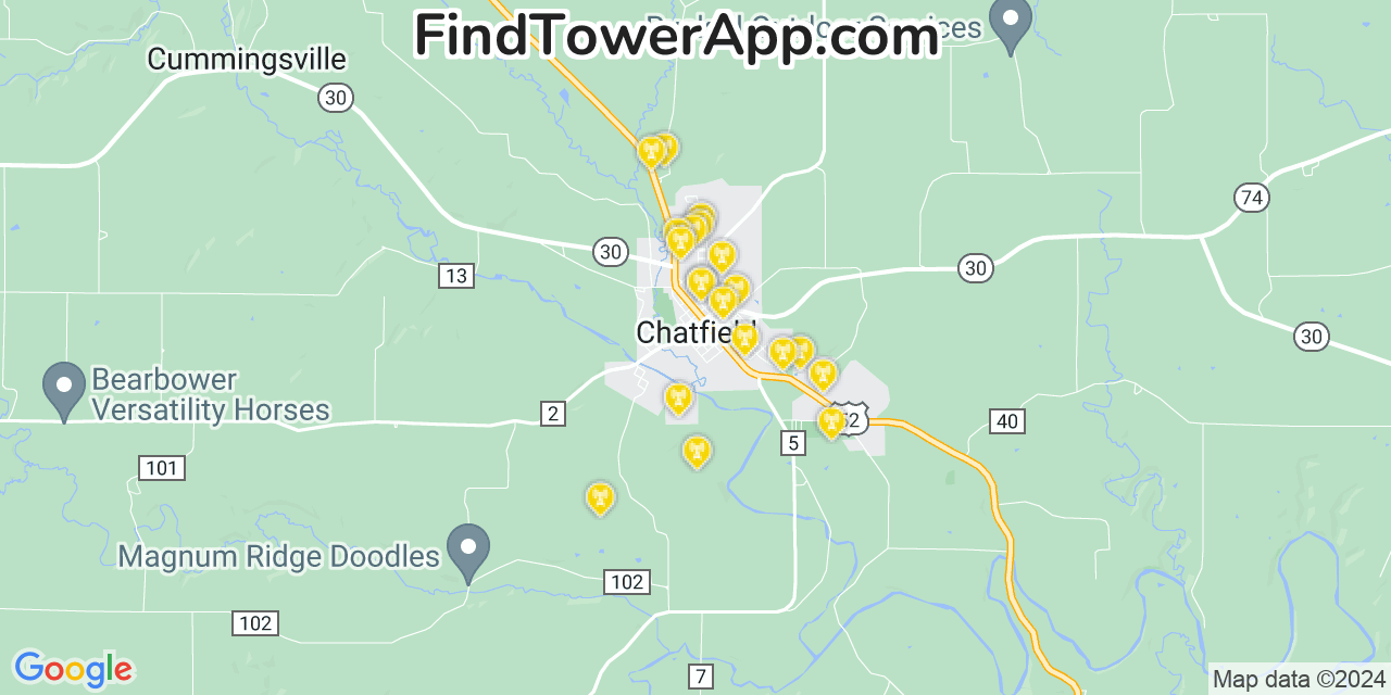 Verizon 4G/5G cell tower coverage map Chatfield, Minnesota