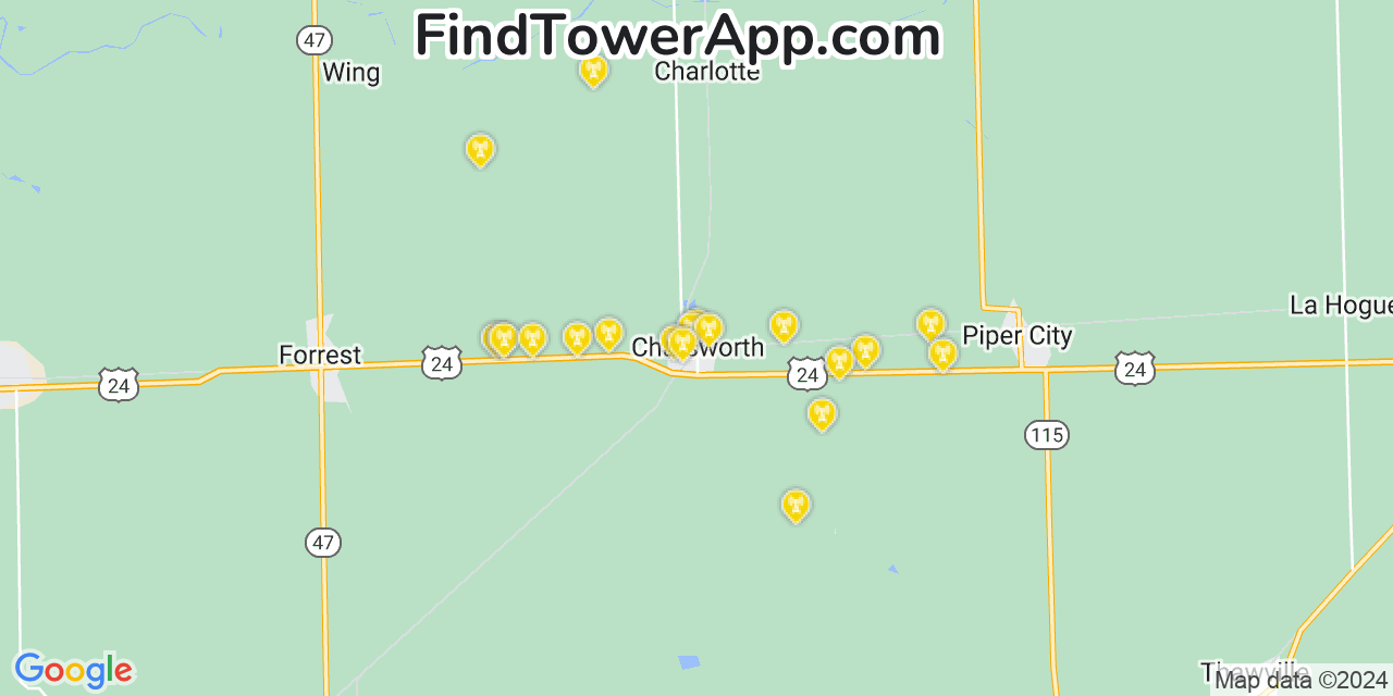 AT&T 4G/5G cell tower coverage map Chatsworth, Illinois
