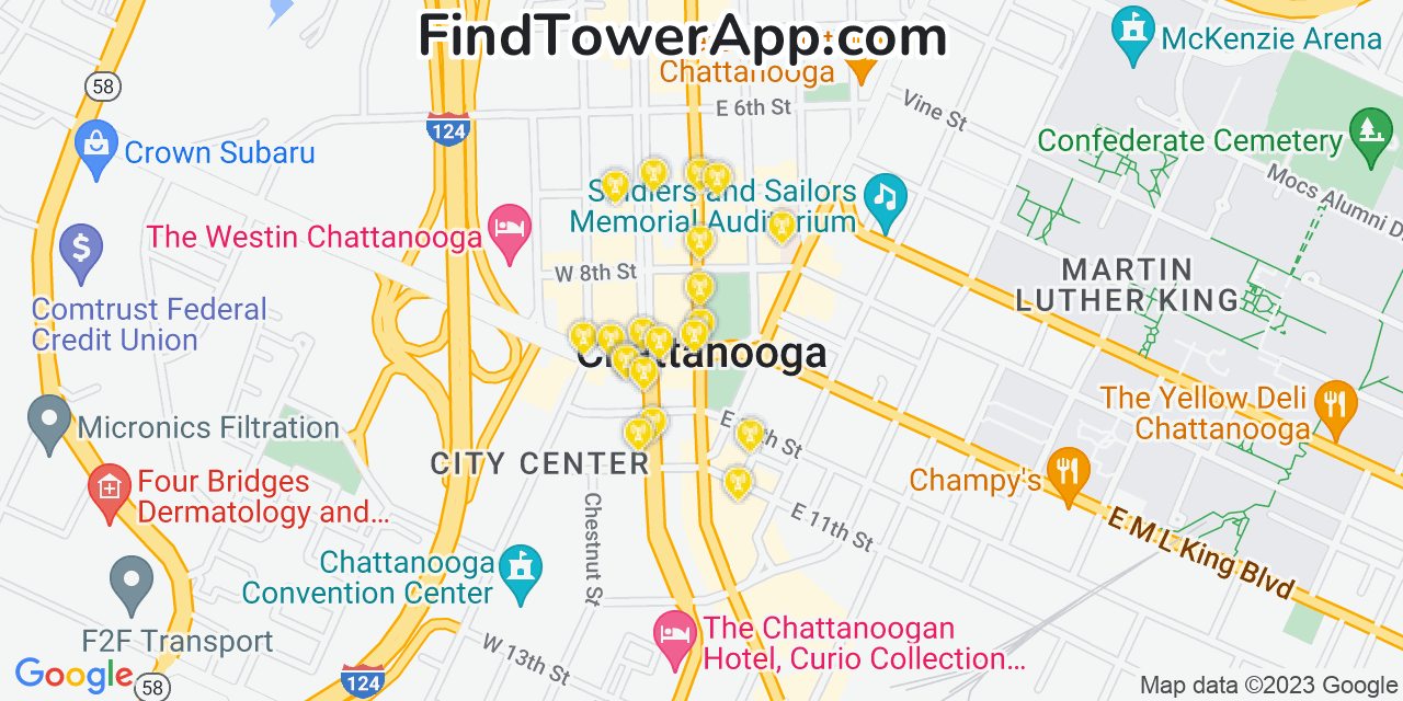 AT&T 4G/5G cell tower coverage map Chattanooga, Tennessee