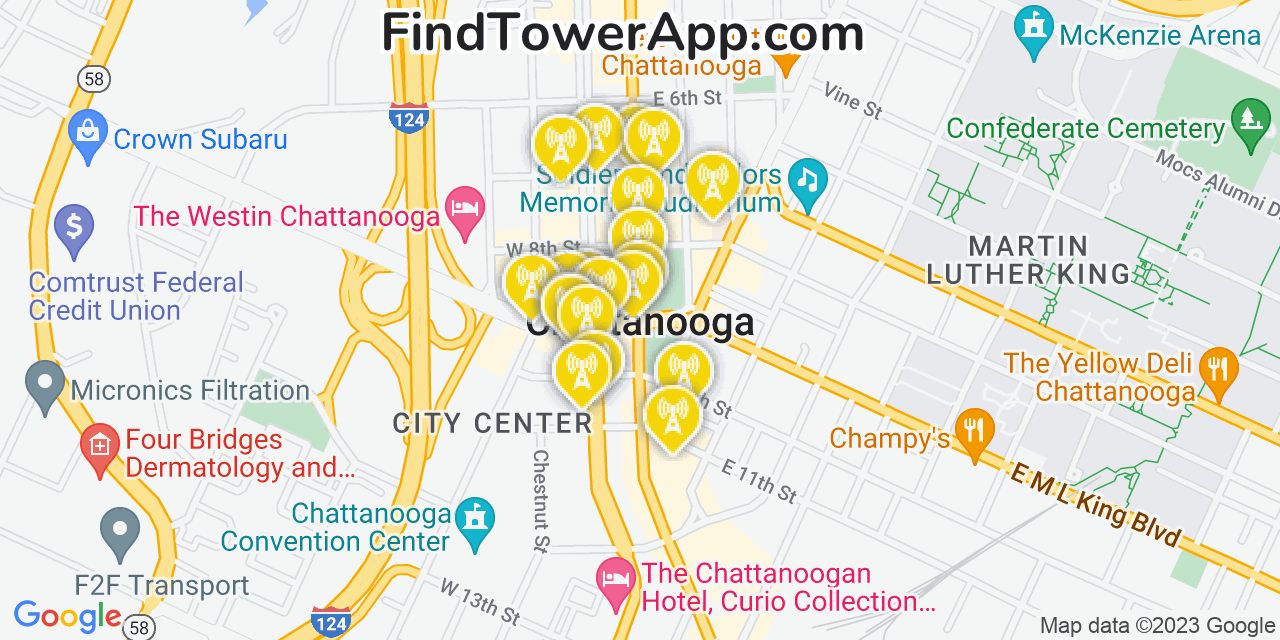 Verizon 4G/5G cell tower coverage map Chattanooga, Tennessee