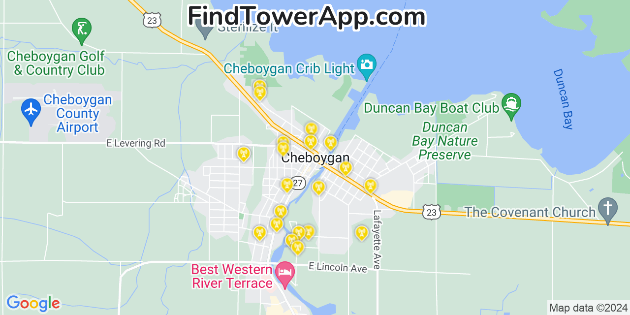 AT&T 4G/5G cell tower coverage map Cheboygan, Michigan