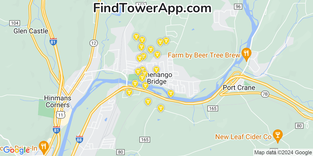 AT&T 4G/5G cell tower coverage map Chenango Bridge, New York