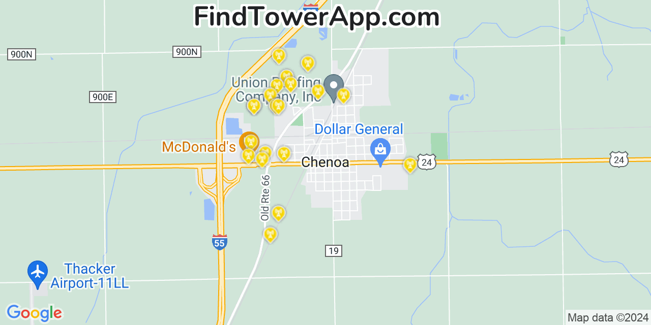 Verizon 4G/5G cell tower coverage map Chenoa, Illinois