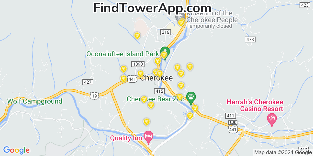AT&T 4G/5G cell tower coverage map Cherokee, North Carolina