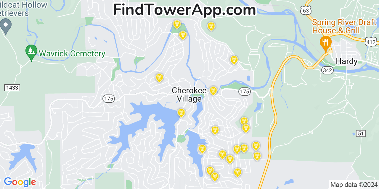 AT&T 4G/5G cell tower coverage map Cherokee Village, Arkansas