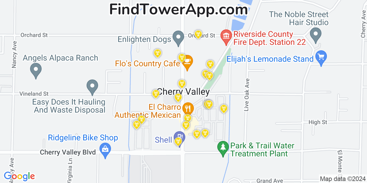 AT&T 4G/5G cell tower coverage map Cherry Valley, California