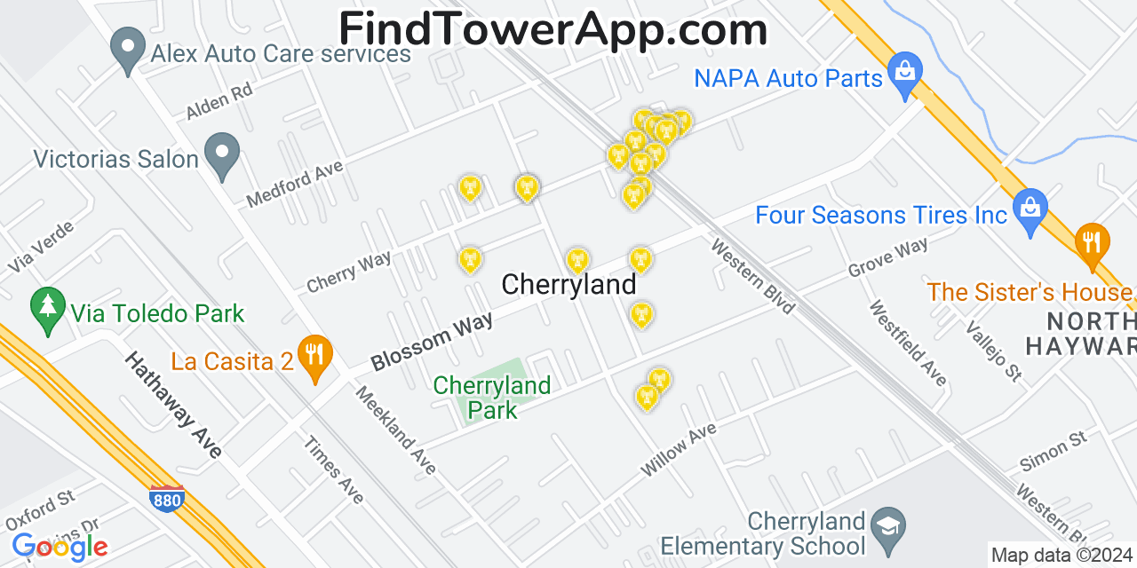 AT&T 4G/5G cell tower coverage map Cherryland, California