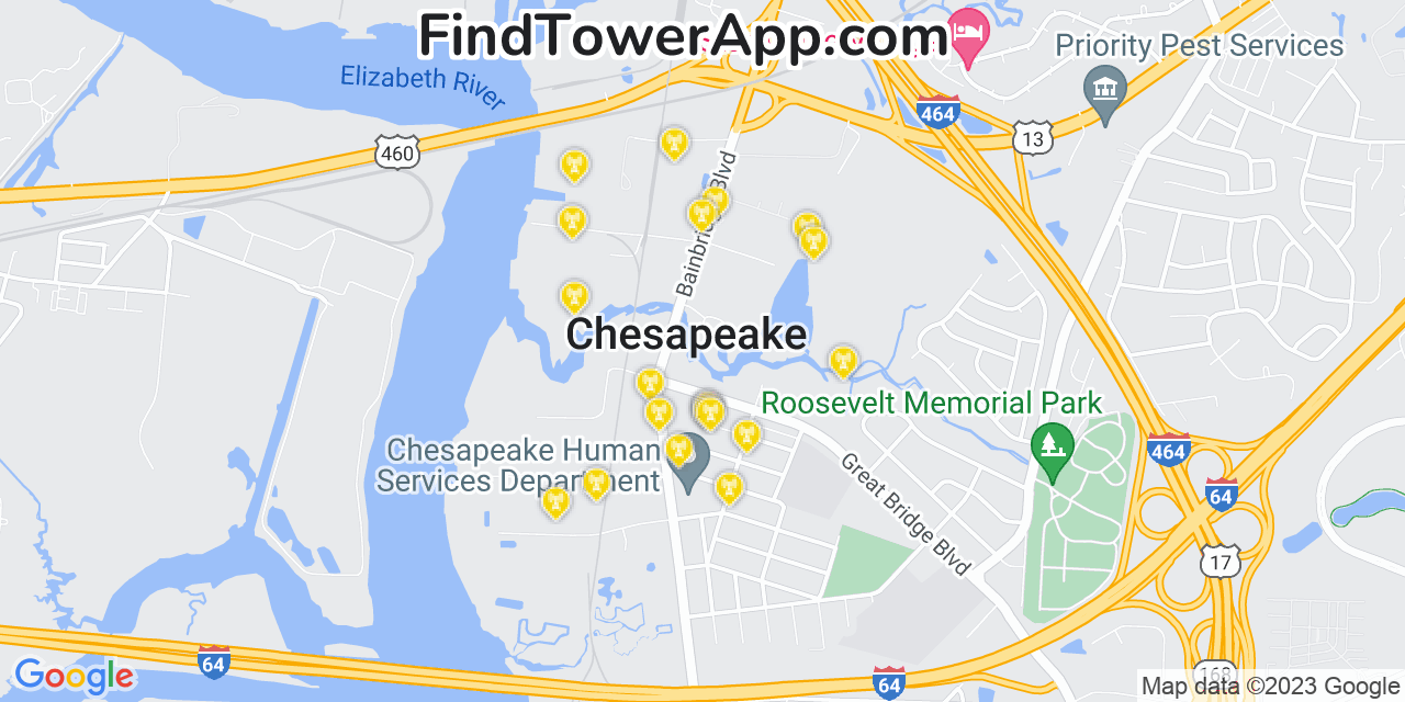 AT&T 4G/5G cell tower coverage map Chesapeake, Virginia