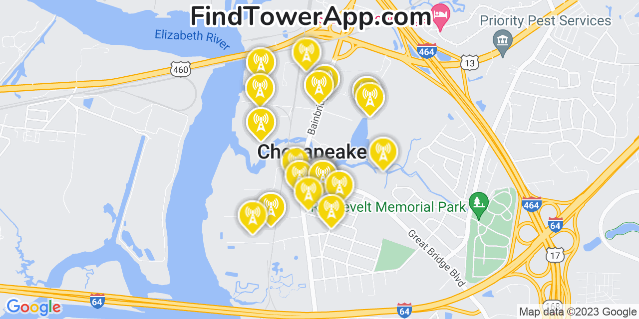 Verizon 4G/5G cell tower coverage map Chesapeake, Virginia