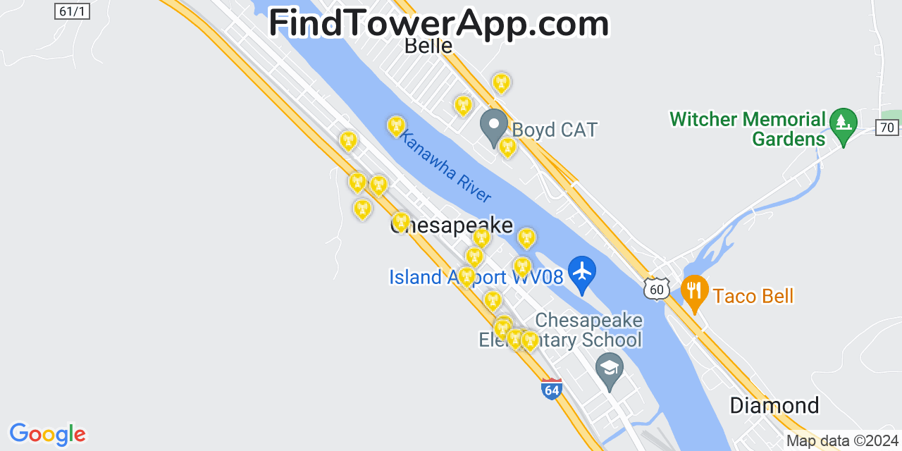 AT&T 4G/5G cell tower coverage map Chesapeake, West Virginia