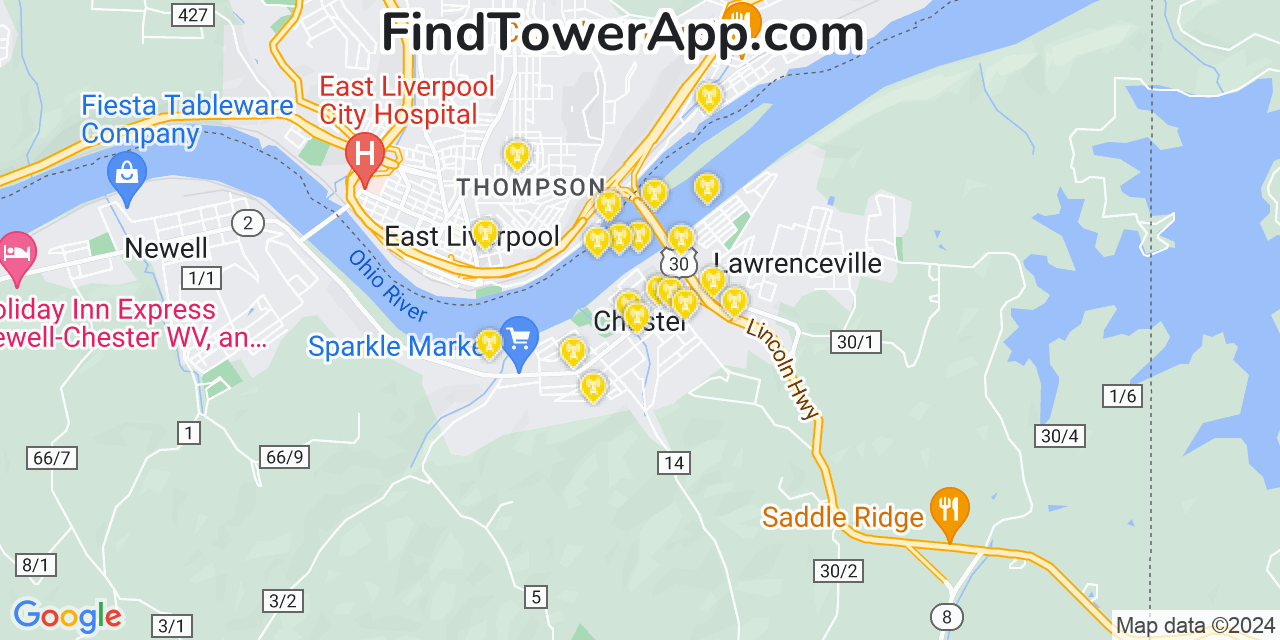 AT&T 4G/5G cell tower coverage map Chester, West Virginia