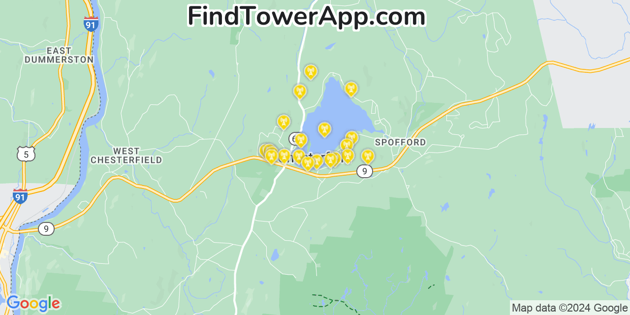 AT&T 4G/5G cell tower coverage map Chesterfield, New Hampshire