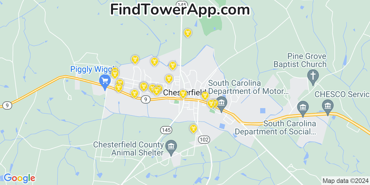 Verizon 4G/5G cell tower coverage map Chesterfield, South Carolina