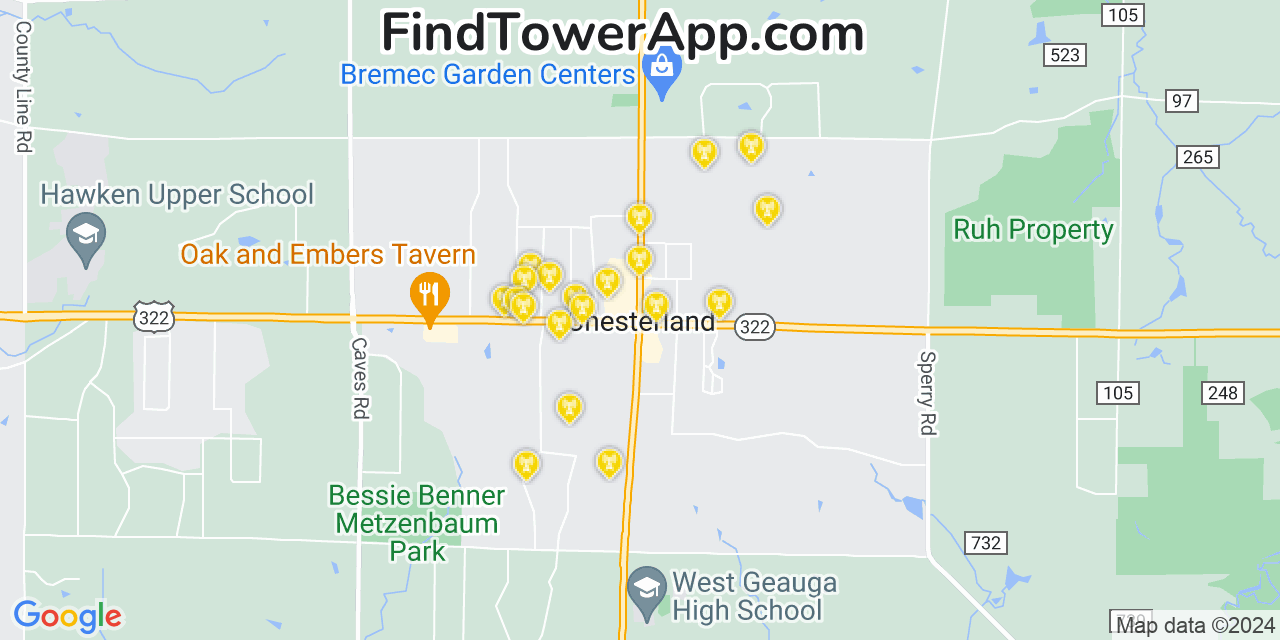 AT&T 4G/5G cell tower coverage map Chesterland, Ohio