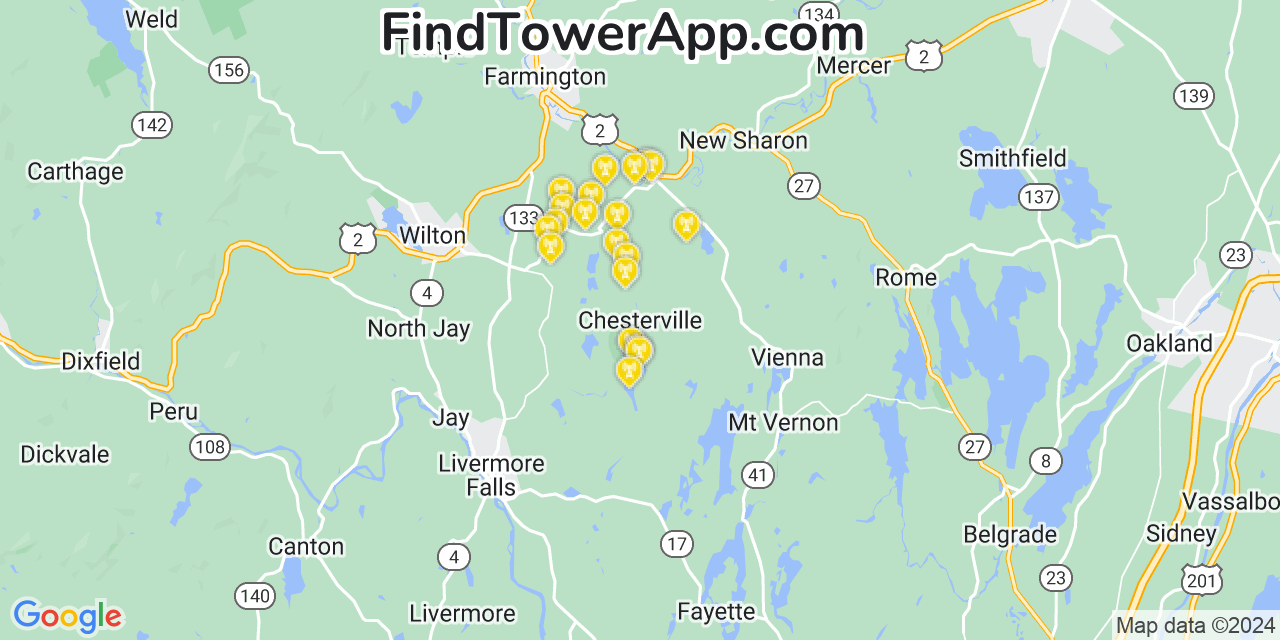 AT&T 4G/5G cell tower coverage map Chesterville, Maine