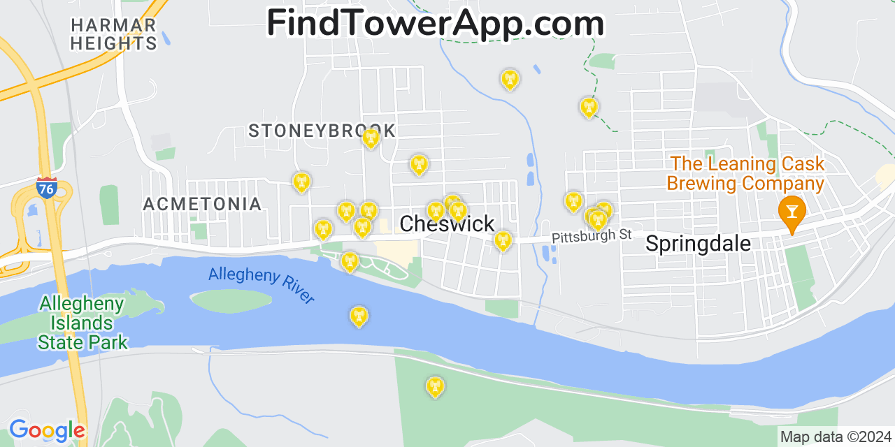 AT&T 4G/5G cell tower coverage map Cheswick, Pennsylvania